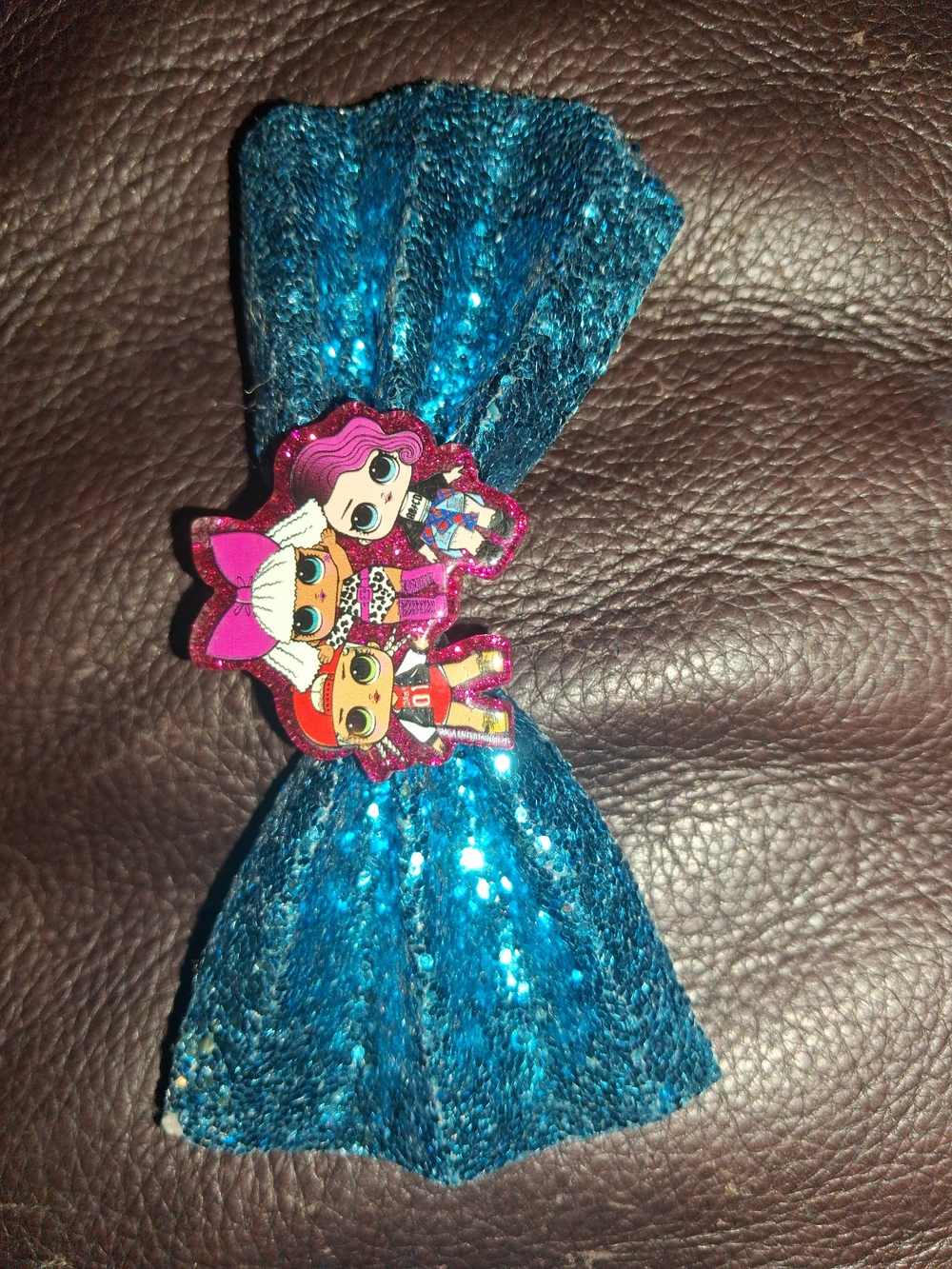 OMG doll Blue Sequin Hair Bow with Doll Character Center